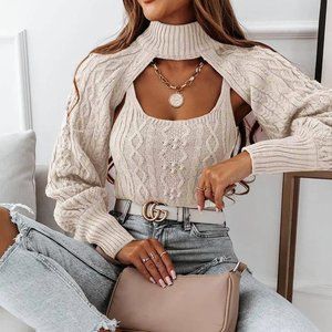 BRAND NEW WOVEN BIEGE TURTLE NECK SWEATER- 2 PIECES